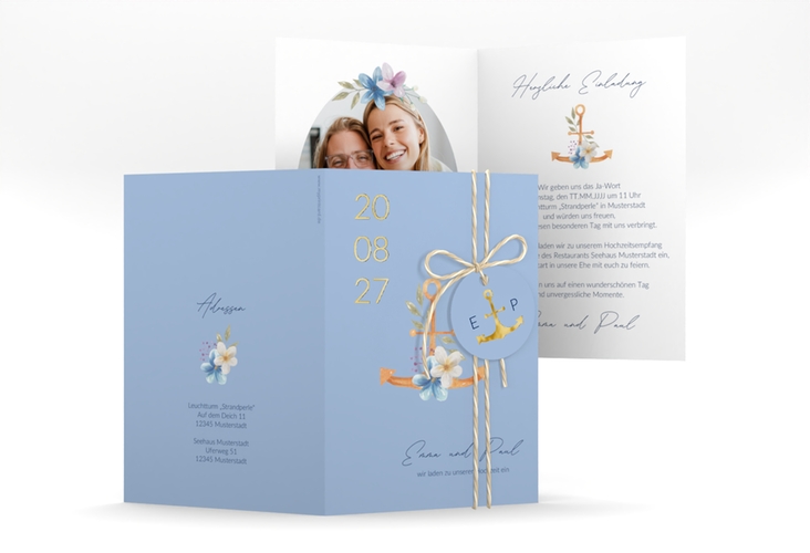 Einladungskarte Hochzeit Anker Floral A6 Klappkarte hoch blau gold
