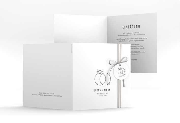 Hochzeitseinladung Rings quadr. Klappkarte weiss silber