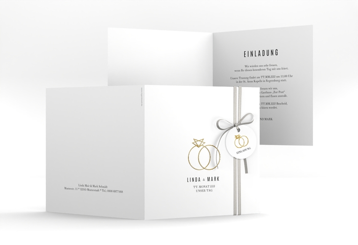 Hochzeitseinladung Rings quadr. Klappkarte weiss gold