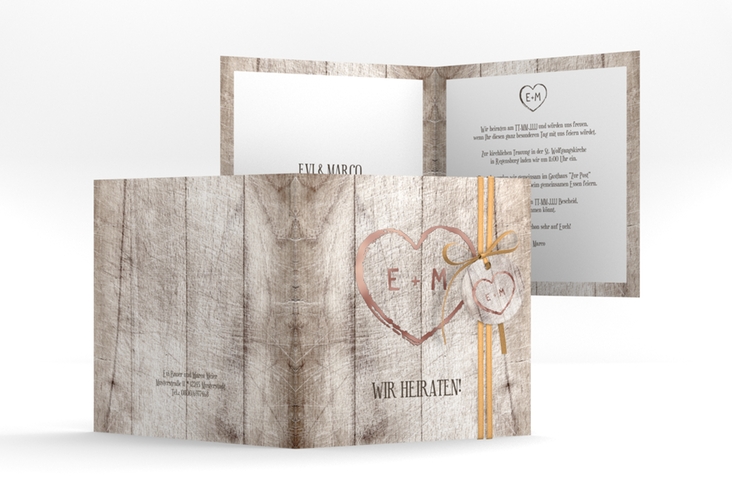 Hochzeitseinladung Wood quadr. Klappkarte weiss rosegold in Holz-Optik mit Herz und Initialen