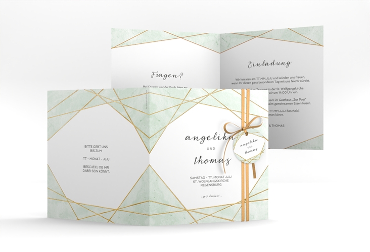 Hochzeitseinladung Asymmetry quadr. Klappkarte gruen gold