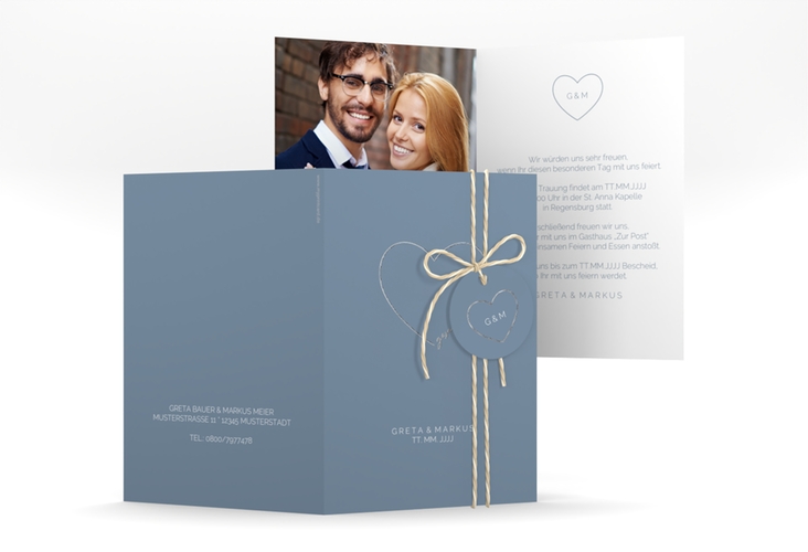 Einladungskarte Hochzeit Lebenstraum A6 Klappkarte hoch blau silber