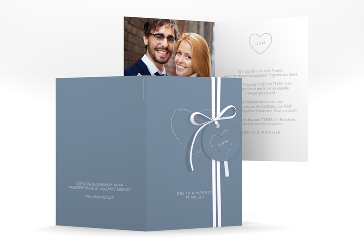Einladungskarte Hochzeit Lebenstraum A6 Klappkarte hoch blau rosegold
