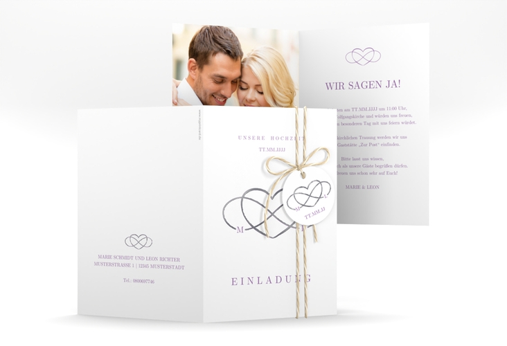 Einladungskarte Hochzeit Infinity A6 Klappkarte hoch lila silber