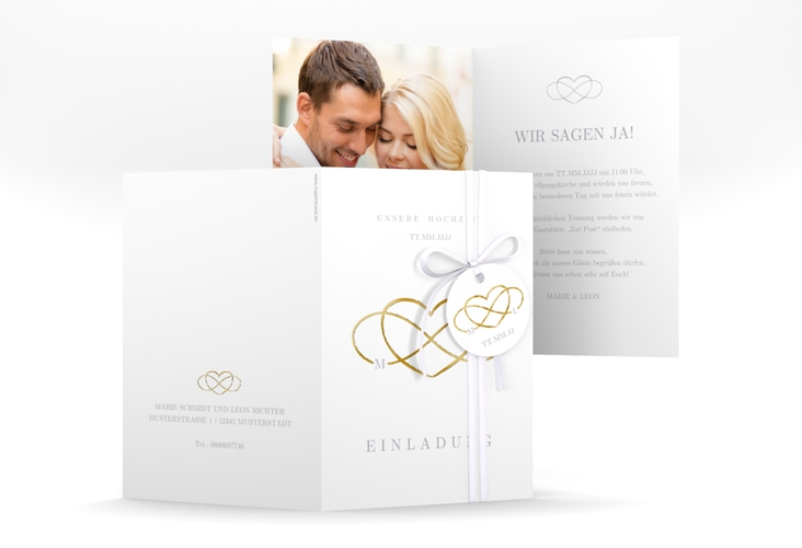 Einladungskarte Hochzeit Infinity A6 Klappkarte hoch grau gold