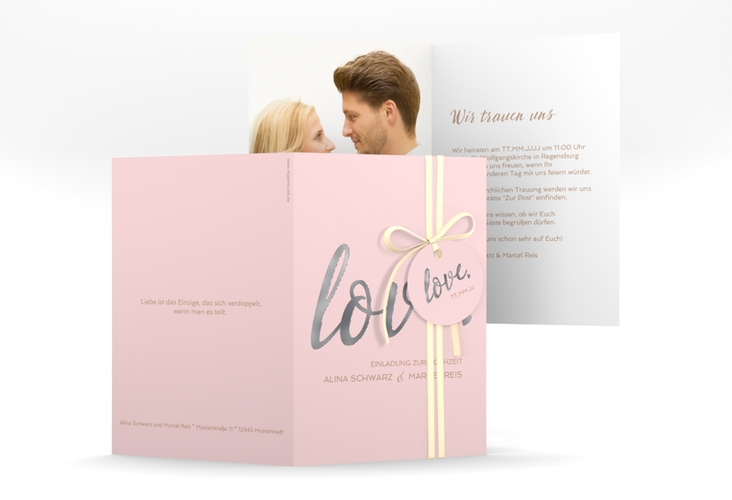 Einladungskarte Hochzeit Glam A6 Klappkarte hoch rosa silber