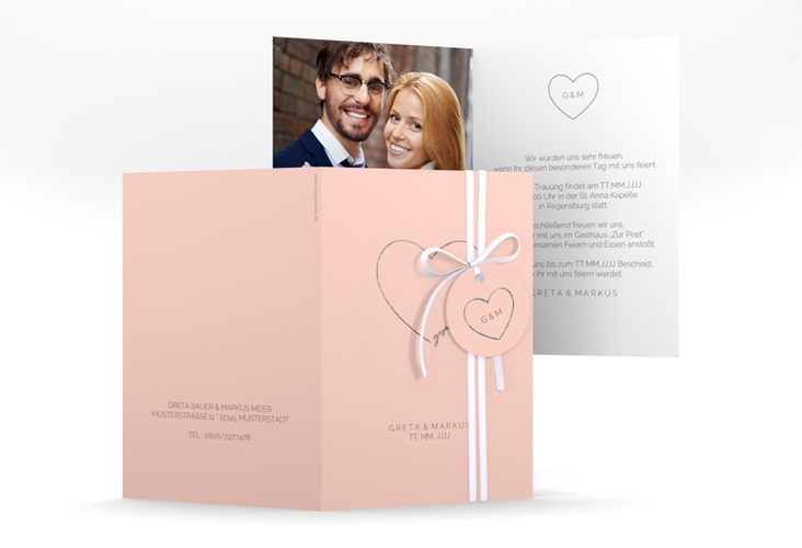 Einladungskarte Hochzeit Lebenstraum A6 Klappkarte hoch rosa silber