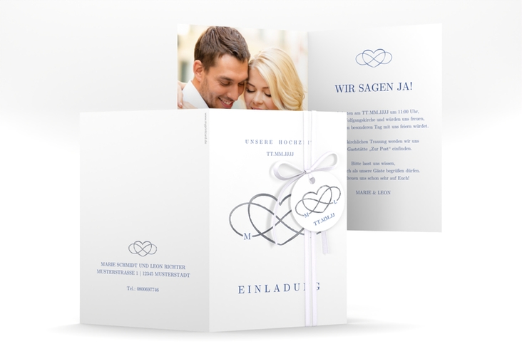 Einladungskarte Hochzeit Infinity A6 Klappkarte hoch blau silber