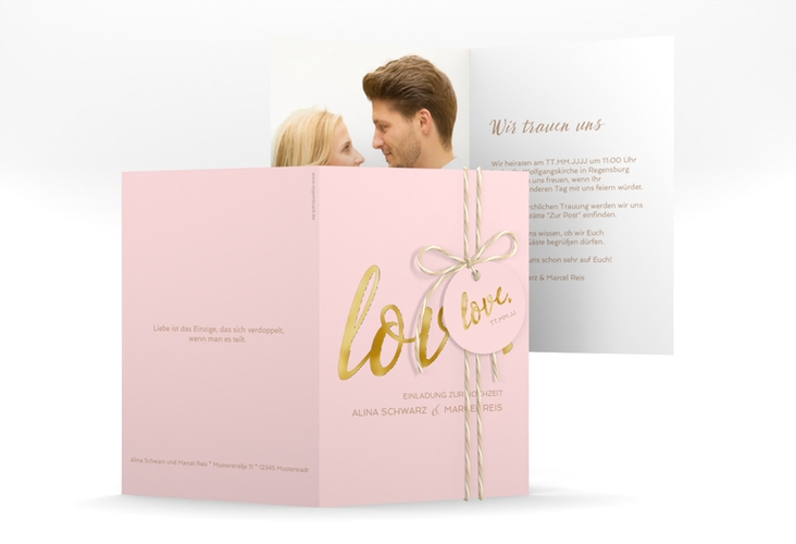 Einladungskarte Hochzeit Glam A6 Klappkarte hoch rosa gold