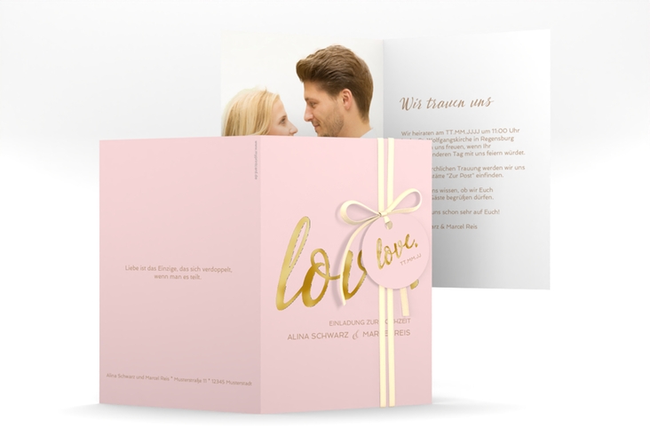 Einladungskarte Hochzeit Glam A6 Klappkarte hoch rosa gold