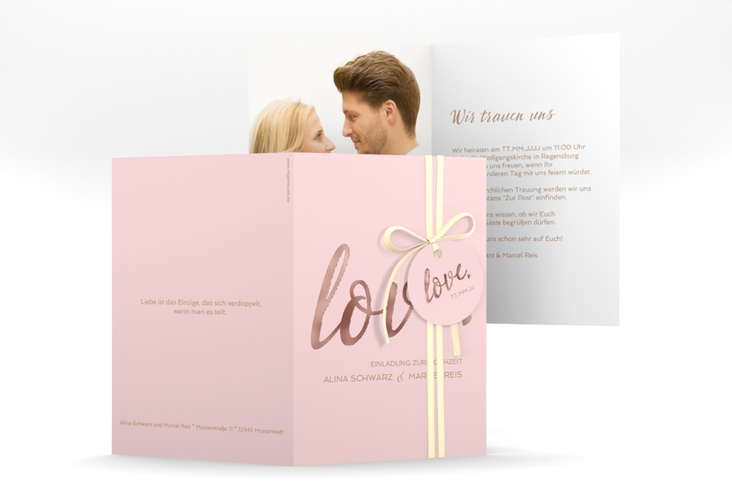 Einladungskarte Hochzeit Glam A6 Klappkarte hoch rosa rosegold
