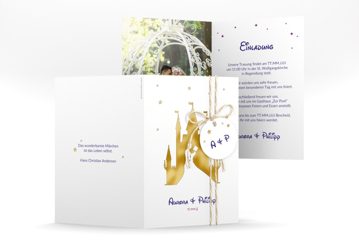 Einladungskarte Hochzeit Castle A6 Klappkarte hoch lila gold