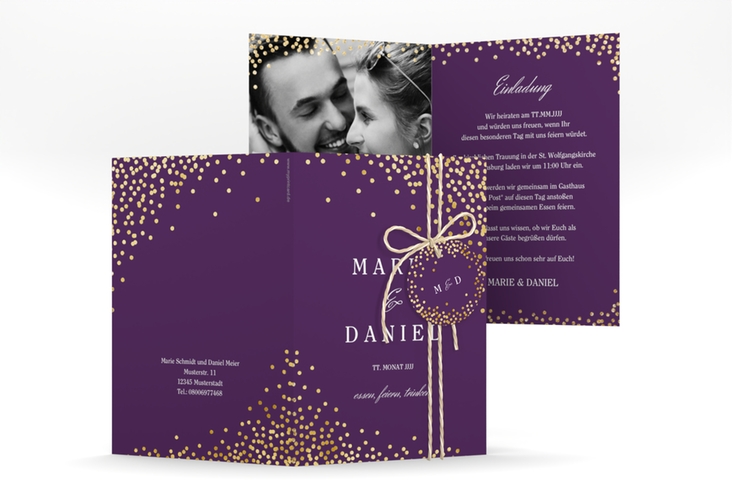 Einladungskarte Hochzeit Glitter A6 Klappkarte hoch lila gold