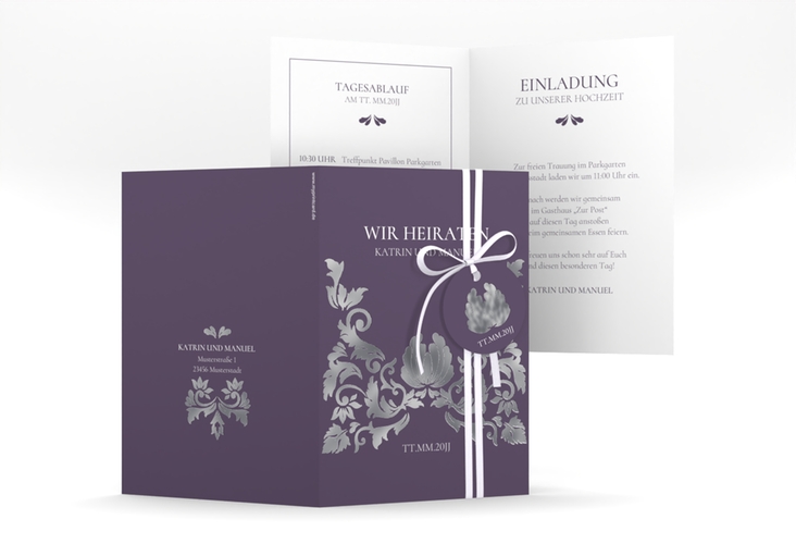 Einladungskarte Hochzeit Royal A6 Klappkarte hoch lila silber mit barockem Blumen-Ornament