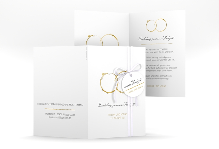 Einladungskarte Hochzeit Trauringe A6 Klappkarte hoch gold gold minimalistisch gestaltet mit zwei Eheringen