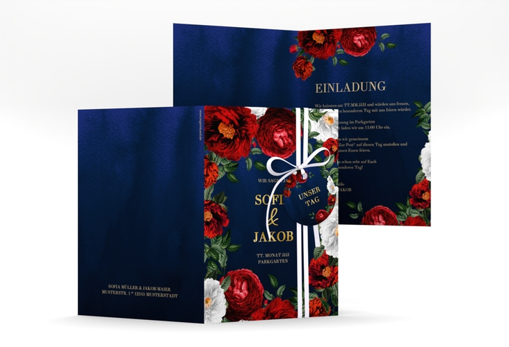 Einladungskarte Hochzeit Florista A6 Klappkarte hoch blau gold
