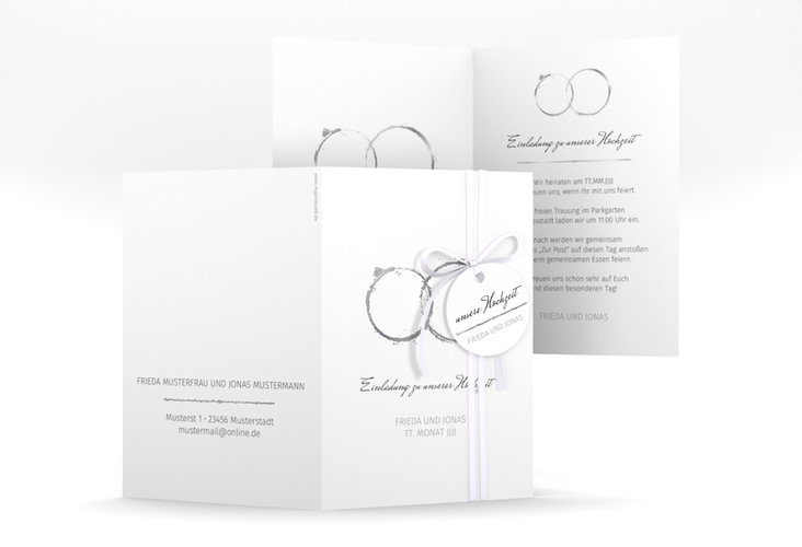 Einladungskarte Hochzeit Trauringe A6 Klappkarte hoch grau silber minimalistisch gestaltet mit zwei Eheringen
