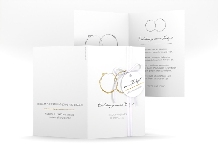 Einladungskarte Hochzeit Trauringe A6 Klappkarte hoch grau gold minimalistisch gestaltet mit zwei Eheringen
