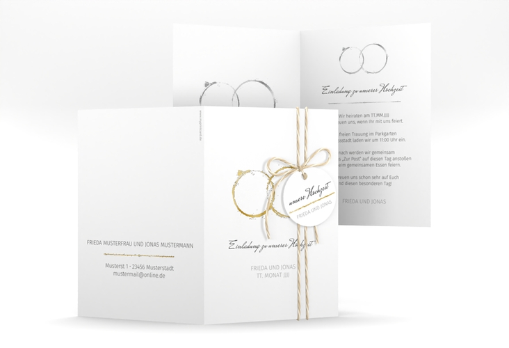 Einladungskarte Hochzeit Trauringe A6 Klappkarte hoch grau gold minimalistisch gestaltet mit zwei Eheringen