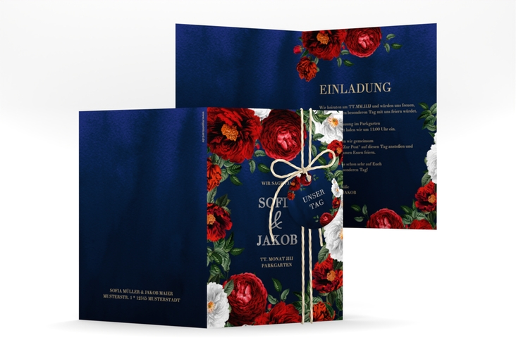 Einladungskarte Hochzeit Florista A6 Klappkarte hoch blau silber