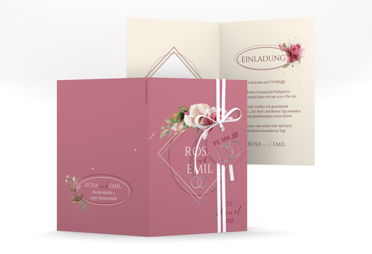 Einladungskarte Hochzeit Rosenbogen A6 Klappkarte hoch rosa silber
