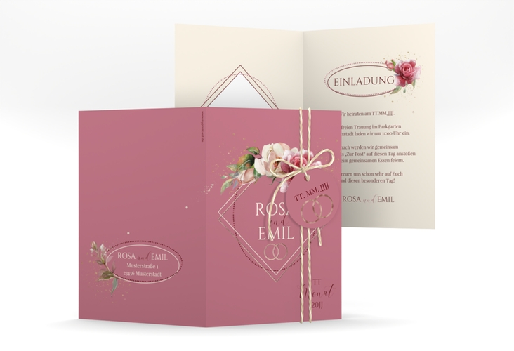 Einladungskarte Hochzeit Rosenbogen A6 Klappkarte hoch rosa rosegold