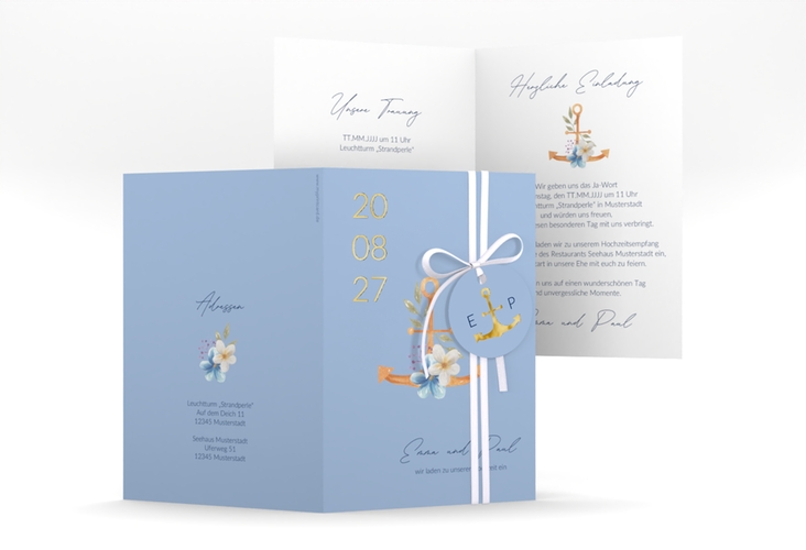 Einladungskarte Hochzeit Anker Floral A6 Klappkarte hoch blau gold