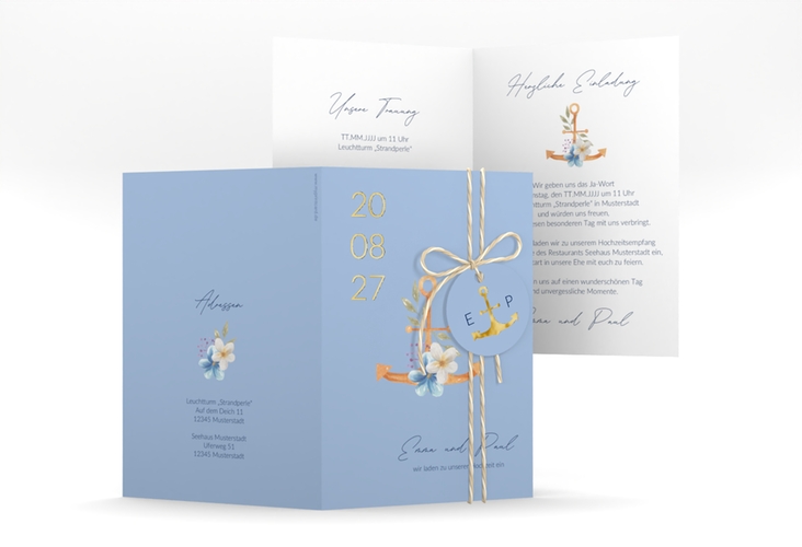 Einladungskarte Hochzeit Anker Floral A6 Klappkarte hoch blau gold