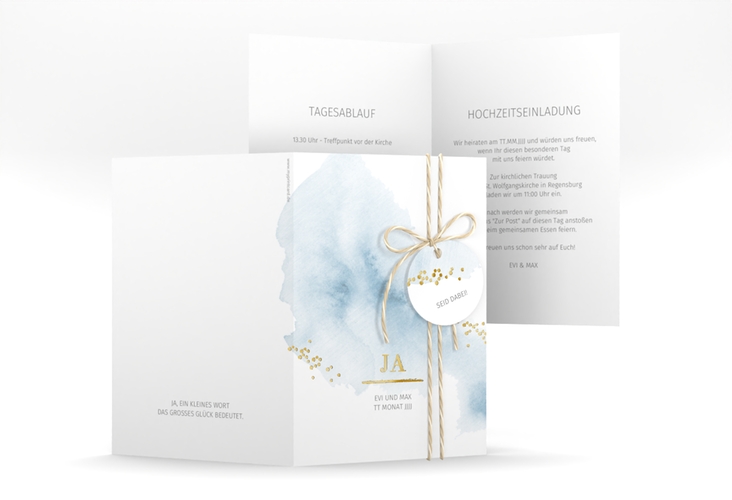 Einladungskarte Hochzeit Pastell A6 Klappkarte hoch blau gold