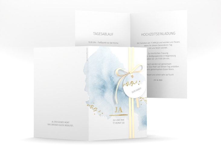 Einladungskarte Hochzeit Pastell A6 Klappkarte hoch blau gold