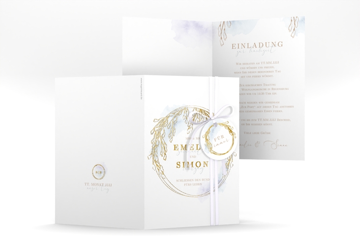 Einladungskarte Hochzeit Wisteria A6 Klappkarte hoch blau gold mit Blumenbogen aus Blauregen