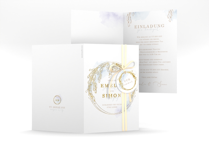 Einladungskarte Hochzeit Wisteria A6 Klappkarte hoch blau gold mit Blumenbogen aus Blauregen