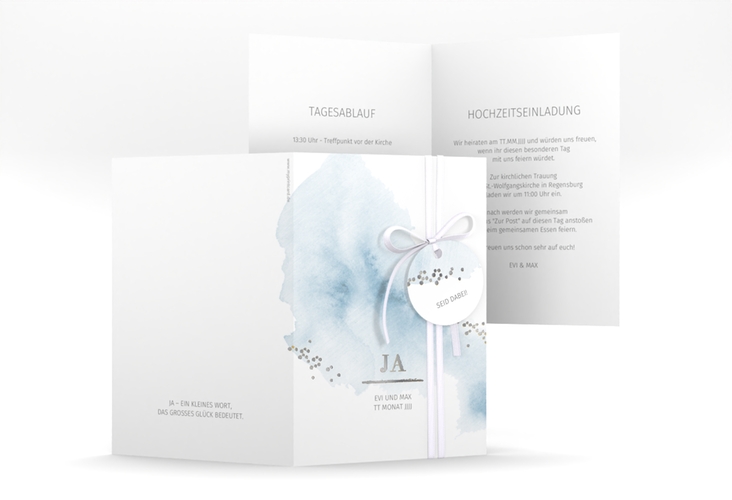 Einladungskarte Hochzeit Pastell A6 Klappkarte hoch blau silber