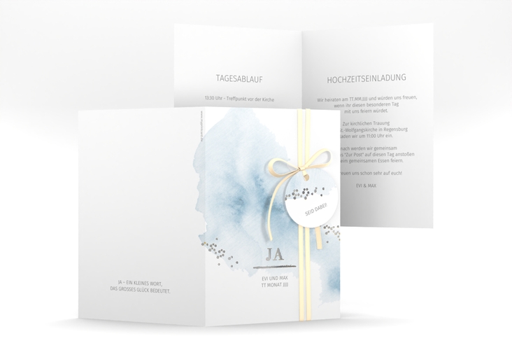 Einladungskarte Hochzeit Pastell A6 Klappkarte hoch blau silber
