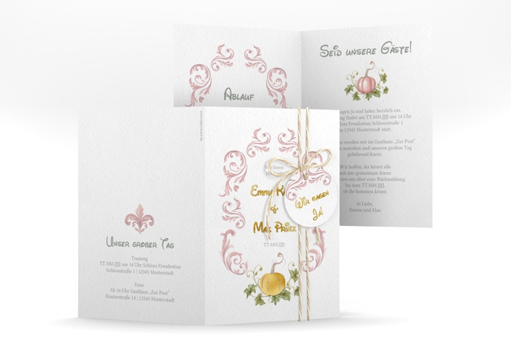 Einladungskarte Hochzeit Märchenhaft A6 Klappkarte hoch rosa gold