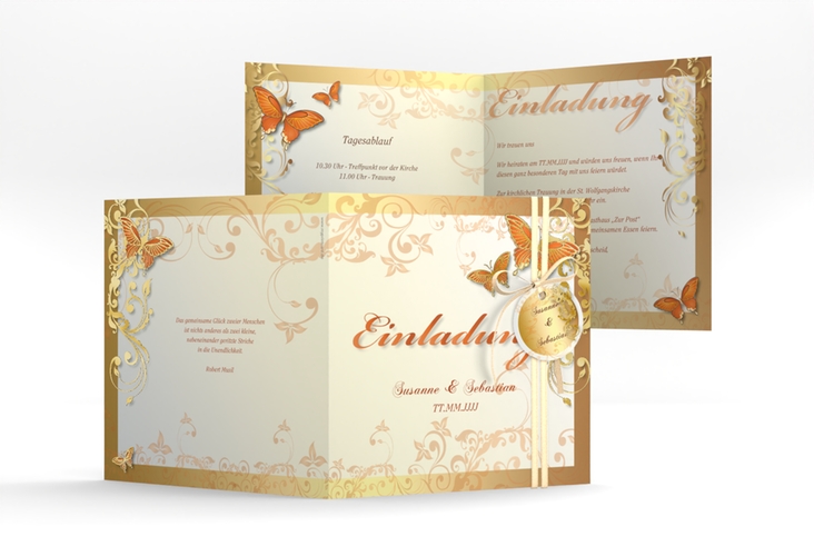 Hochzeitseinladung Toulouse quadr. Klappkarte orange gold romantisch mit Schmetterlingen