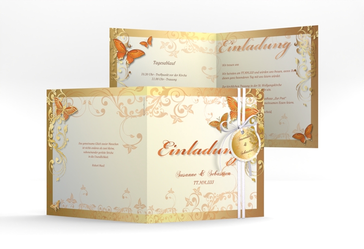 Hochzeitseinladung Toulouse quadr. Klappkarte orange gold romantisch mit Schmetterlingen