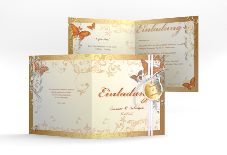 Hochzeitseinladung Toulouse quadr. Klappkarte orange silber romantisch mit Schmetterlingen