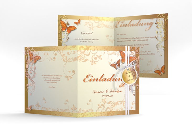 Hochzeitseinladung Toulouse quadr. Klappkarte orange rosegold romantisch mit Schmetterlingen