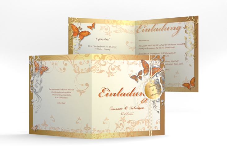Hochzeitseinladung Toulouse quadr. Klappkarte orange silber romantisch mit Schmetterlingen