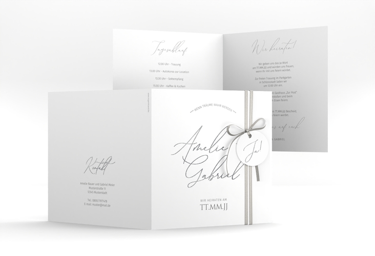 Hochzeitseinladung Federschrift quadr. Klappkarte weiss silber in schlichtem Design mit Kalligrafie