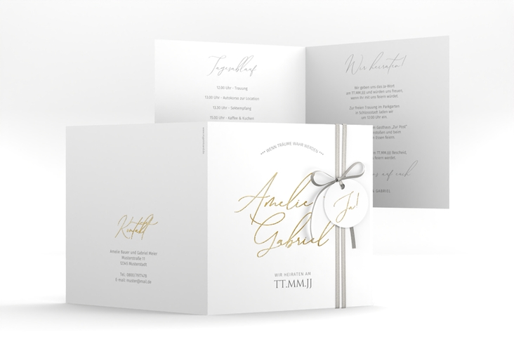 Hochzeitseinladung Federschrift quadr. Klappkarte weiss gold in schlichtem Design mit Kalligrafie