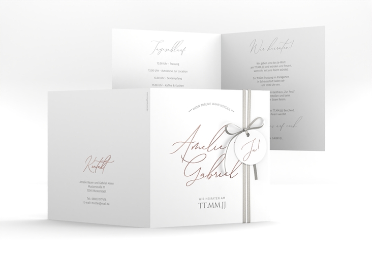Hochzeitseinladung Federschrift quadr. Klappkarte weiss rosegold in schlichtem Design mit Kalligrafie