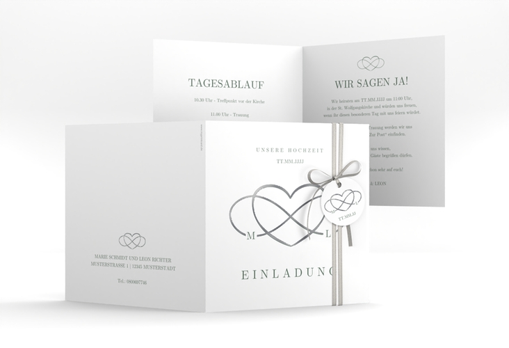 Hochzeitseinladung Infinity quadr. Klappkarte gruen silber