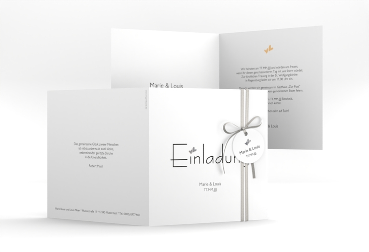 Hochzeitseinladung Twohearts quadr. Klappkarte beige silber