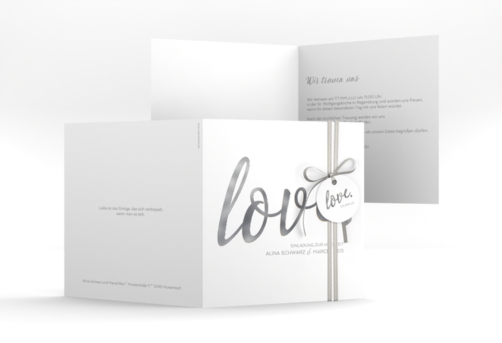 Hochzeitseinladung Glam quadr. Klappkarte weiss silber