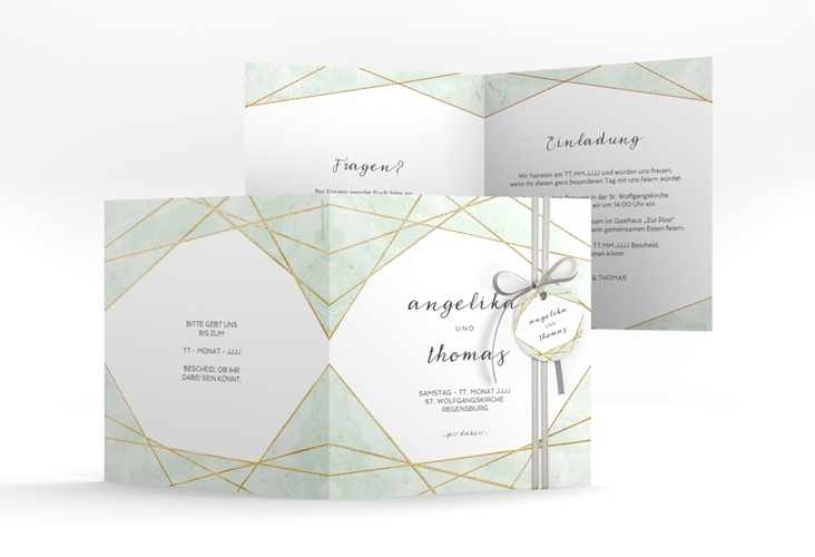 Hochzeitseinladung Asymmetry quadr. Klappkarte gruen gold