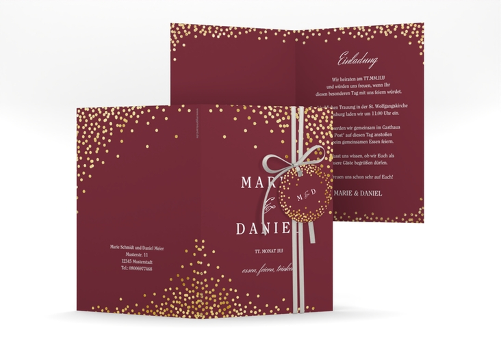 Einladungskarte Hochzeit Glitter A6 Klappkarte hoch rot gold