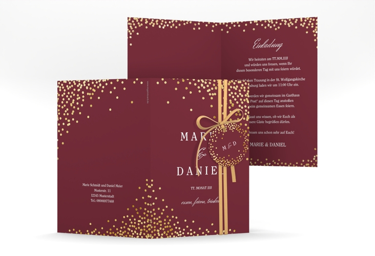 Einladungskarte Hochzeit Glitter A6 Klappkarte hoch rot gold