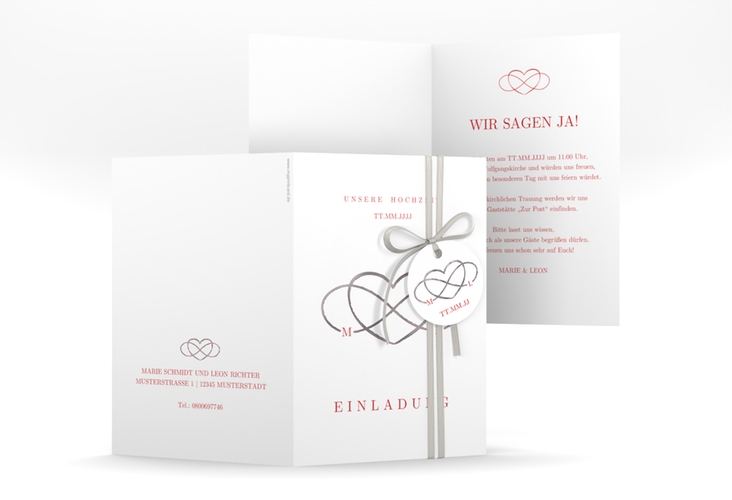 Einladungskarte Hochzeit Infinity A6 Klappkarte hoch rot silber